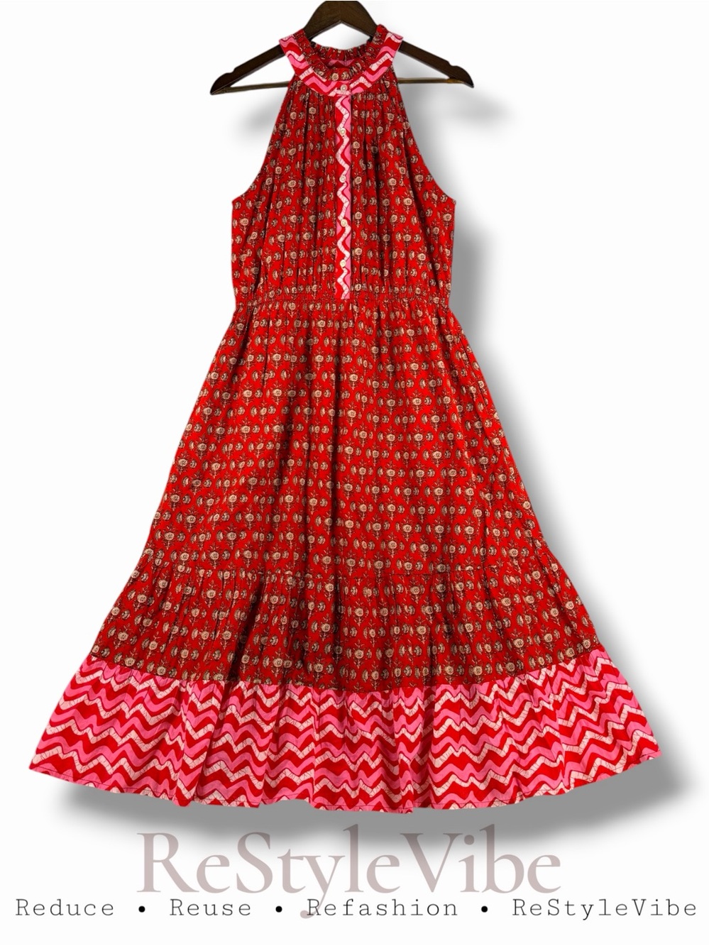 THML Women’s Size L Dress Midi Length Halter Style Floral Cotton Lined Pockets